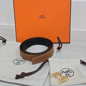 Hermès Brown Reversible Leather Belt with Gold Buckle Mors H Reversible 24mm 85